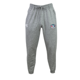 The SWFL Lady Hammerheads Leisure Sweatpant by WRS Canterbury features gray recycled polyester fleece, a drawstring waistband, white logo on the left thigh, and a rugby-themed emblem on the right—shown on a plain white background.