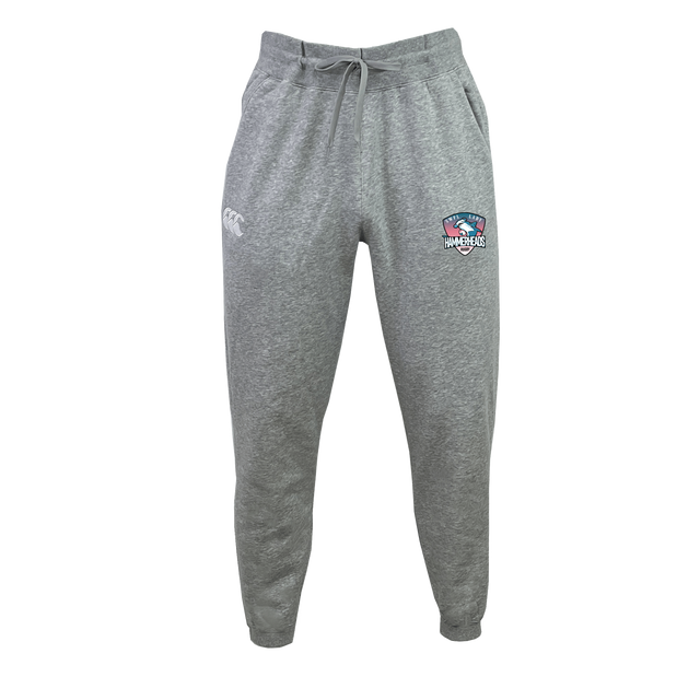 The SWFL Lady Hammerheads Leisure Sweatpant by WRS Canterbury features gray recycled polyester fleece, a drawstring waistband, white logo on the left thigh, and a rugby-themed emblem on the right—shown on a plain white background.