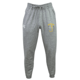 The Spartan Youth Rugby Leisure Sweatpant by EMB Canterbury features an elastic waistband, drawstring, and two embroidered logos (white on left thigh, yellow on right) in soft recycled polyester.