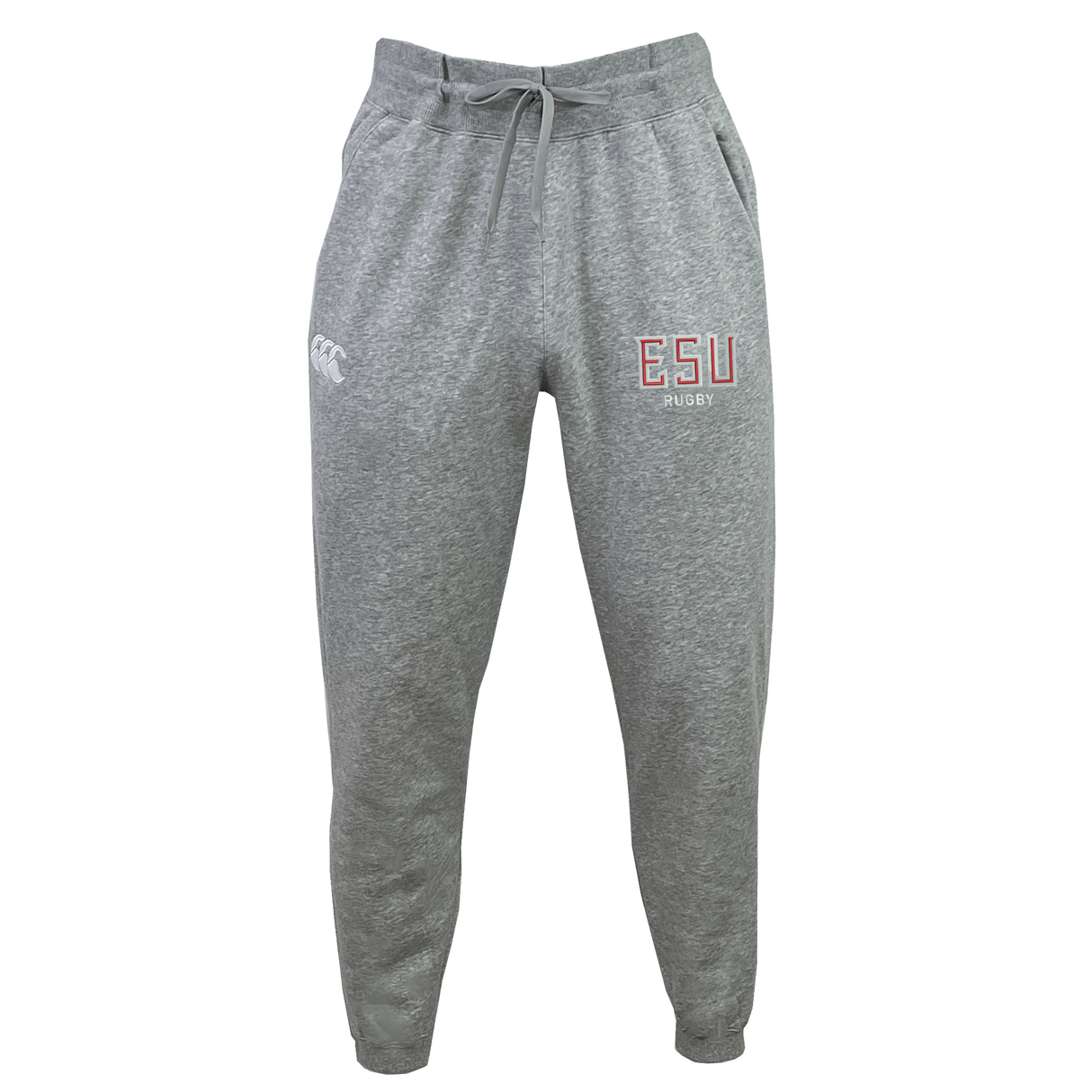 The East Stroudsburg University Leisure Sweatpant by EMB Canterbury features a drawstring waistband, elastic cuffs, "ESU Rugby" text on the right leg, and the Canterbury logo on the left thigh.