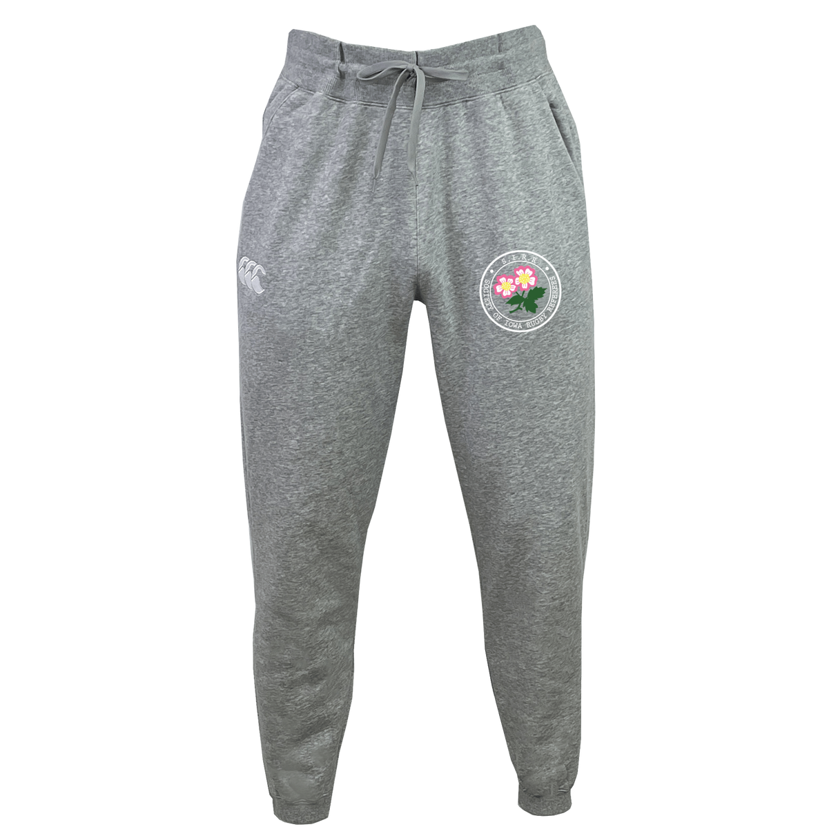 Introducing the Society of Iowa Rugby Referees Leisure Sweatpant by Canterbury from EMB Canterbury. These gray sweatpants feature an elastic waistband with a drawstring, two front pockets, and two embroidered logos—a circular floral design and a smaller logo on the left thigh. Crafted from a blend of sustainable materials, these organic cotton sweatpants deliver comfort and style you can feel good about.