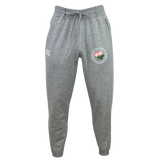 Introducing the Society of Iowa Rugby Referees Leisure Sweatpant by Canterbury from EMB Canterbury. These gray sweatpants feature an elastic waistband with a drawstring, two front pockets, and two embroidered logos—a circular floral design and a smaller logo on the left thigh. Crafted from a blend of sustainable materials, these organic cotton sweatpants deliver comfort and style you can feel good about.