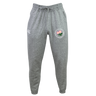Introducing the Society of Iowa Rugby Referees Leisure Sweatpant by Canterbury from EMB Canterbury. These gray sweatpants feature an elastic waistband with a drawstring, two front pockets, and two embroidered logos—a circular floral design and a smaller logo on the left thigh. Crafted from a blend of sustainable materials, these organic cotton sweatpants deliver comfort and style you can feel good about.