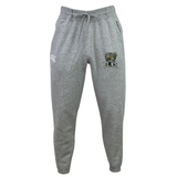 Introducing the Lewis County Elks Leisure Sweatpant by EMB Canterbury: crafted from organic cotton for supreme comfort, these gray sweatpants feature a drawstring waist, a white logo on the left thigh, and an “ELKS” logo with an elk graphic on the right thigh—blending sustainable design with signature style.