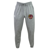 The Godzilla Rugby Football Club Leisure Sweatpant by EMB Canterbury features a gray sustainable design with a drawstring waist, convenient side pockets, a white Canterbury logo on the left leg, and a maroon and gold Eaglehawk emblem on the right thigh.
