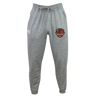 The Godzilla Rugby Football Club Leisure Sweatpant by EMB Canterbury features a gray sustainable design with a drawstring waist, convenient side pockets, a white Canterbury logo on the left leg, and a maroon and gold Eaglehawk emblem on the right thigh.