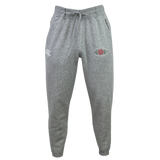 The Santa Rosa Youth Rugby Leisure Sweatpant by EMB Canterbury features soft gray recycled polyester fleece, an elastic waistband with drawstring, cuffed ankles, a white Canterbury logo on the left thigh, and a red rose emblem on the right thigh—all showcased against a plain background.