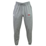 The Santa Rosa Youth Rugby Leisure Sweatpant by EMB Canterbury features soft gray recycled polyester fleece, an elastic waistband with drawstring, cuffed ankles, a white Canterbury logo on the left thigh, and a red rose emblem on the right thigh—all showcased against a plain background.