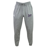 The Valley Panthers Girls Rugby Leisure Sweatpant by EMB Canterbury features a gray design with a drawstring waist, crafted from recycled polyester and organic cotton for an eco-friendly feel. These sweatpants display a white EMB Canterbury logo on the right thigh and a purple “Valley Panthers” graphic on the left thigh, set against a plain white background.