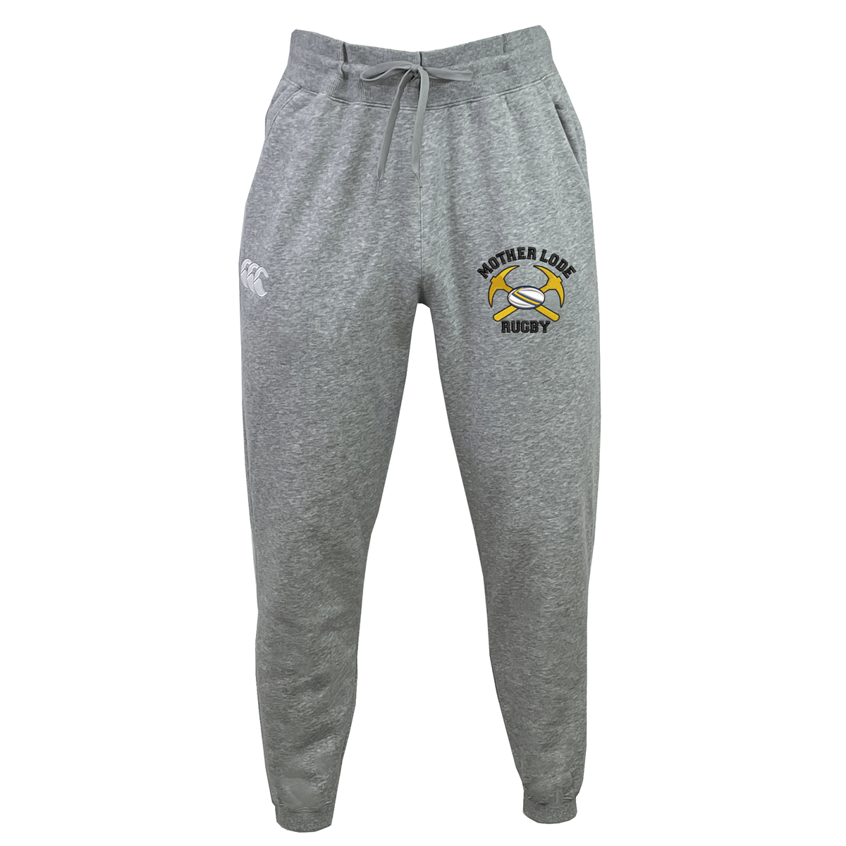 Grey organic cotton Mother Lode Leisure Sweatpant by Canterbury featuring a drawstring waist and a “Mother Lode Rugby” emblem with two crossed pickaxes and a rugby ball.