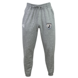 The South Orange County Raptors Leisure Sweatpant by EMB Canterbury is crafted from recycled polyester fleece in gray, featuring a comfortable drawstring waist, an EMB Canterbury logo on the left thigh, and a distinctive Raptors badge on the right thigh, displayed against a plain white background.