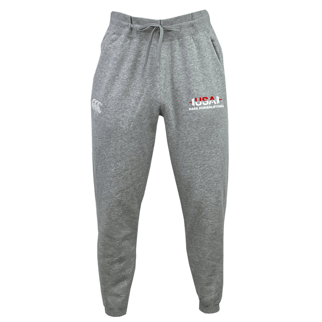 The USA Para Powerlifting Leisure Sweatpant by EMB Canterbury features a drawstring waist, organic cotton fabric, a white logo on the left thigh, and "USA Powerlifting" text with a flag on the right.