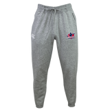 The Nebraska Rugby Referee Society Leisure Sweatpant by EMB Canterbury is a gray, sustainable sweatpant with a drawstring, featuring the Canterbury logo on the left and Nebraska rugby logo on the right thigh.