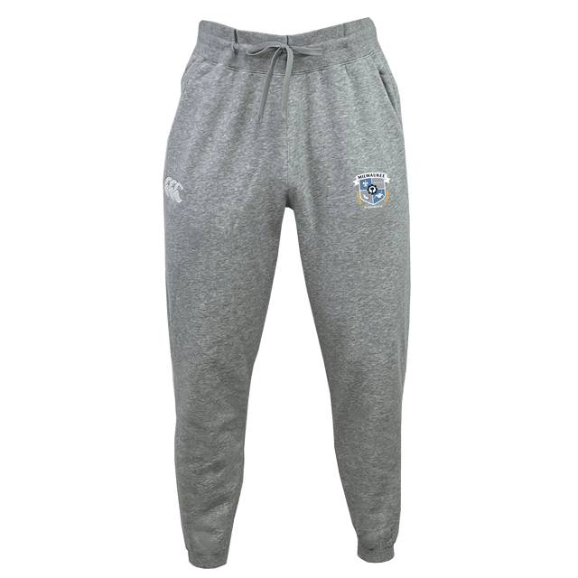 Milwaukee Barbarians Rugby Leisure Sweatpant by EMB Canterbury, crafted from organic cotton with elastic waistband, drawstring, and two embroidered logos on the front, shown against a white background.