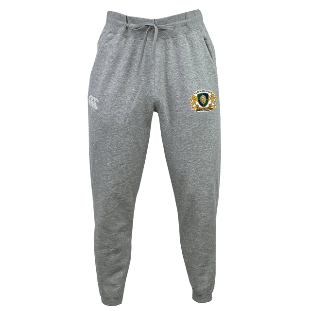 The Old Man Rivah Rugby Leisure Sweatpant by EMB Canterbury features a drawstring waistband, embroidered crest on the right thigh, and white logo on the left thigh. Made from soft organic cotton sweatpants fabric, it's presented on a plain background.