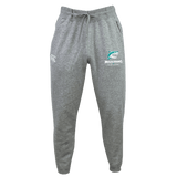 The EMB Canterbury NC Rugby Academy - Megalodons Leisure Sweatpant by Canterbury features gray sustainable fabric, a drawstring waist, the Megalodons logo and text on the right thigh, plus a small white logo on the left.