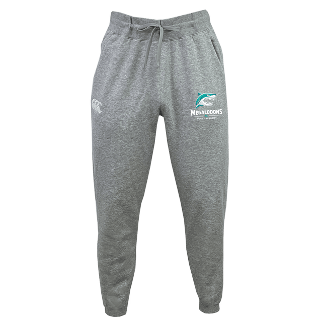 The EMB Canterbury NC Rugby Academy - Megalodons Leisure Sweatpant by Canterbury features gray sustainable fabric, a drawstring waist, the Megalodons logo and text on the right thigh, plus a small white logo on the left.