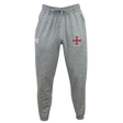 The SF CDME Rugby Leisure Sweatpant by EMB Canterbury is crafted from soft organic cotton in gray, offering a comfortable drawstring waist. The left thigh features a white EMB Canterbury logo, while the right thigh showcases a red cross emblem with text—making it an ideal choice for relaxed style. Displayed against a plain white background.