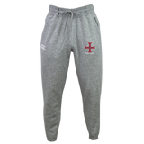The SF CDME Rugby Leisure Sweatpant by EMB Canterbury is crafted from soft organic cotton in gray, offering a comfortable drawstring waist. The left thigh features a white EMB Canterbury logo, while the right thigh showcases a red cross emblem with text—making it an ideal choice for relaxed style. Displayed against a plain white background.