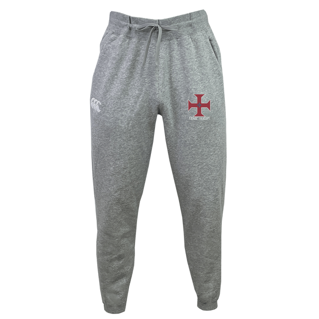 The SF CDME Rugby Leisure Sweatpant by EMB Canterbury is crafted from soft organic cotton in gray, offering a comfortable drawstring waist. The left thigh features a white EMB Canterbury logo, while the right thigh showcases a red cross emblem with text—making it an ideal choice for relaxed style. Displayed against a plain white background.
