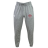The SF CDME Rugby Leisure Sweatpant by EMB Canterbury is crafted from soft organic cotton in gray, offering a comfortable drawstring waist. The left thigh features a white EMB Canterbury logo, while the right thigh showcases a red cross emblem with text—making it an ideal choice for relaxed style. Displayed against a plain white background.
