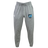 The EMB Canterbury Minneapolis Mayhem Rugby Leisure Sweatpant by Canterbury features a gray sustainable fabric, a drawstring waistband, a white logo on the left thigh, and a blue and black shield logo on the right thigh, displayed against a plain background.