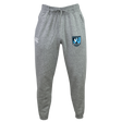 The EMB Canterbury Minneapolis Mayhem Rugby Leisure Sweatpant by Canterbury features a gray sustainable fabric, a drawstring waistband, a white logo on the left thigh, and a blue and black shield logo on the right thigh, displayed against a plain background.