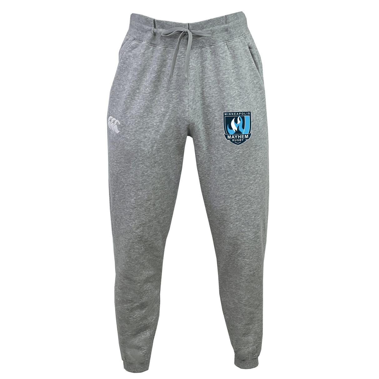 The EMB Canterbury Minneapolis Mayhem Rugby Leisure Sweatpant by Canterbury features a gray sustainable fabric, a drawstring waistband, a white logo on the left thigh, and a blue and black shield logo on the right thigh, displayed against a plain background.