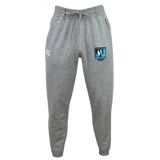 The EMB Canterbury Minneapolis Mayhem Rugby Leisure Sweatpant by Canterbury features a gray sustainable fabric, a drawstring waistband, a white logo on the left thigh, and a blue and black shield logo on the right thigh, displayed against a plain background.
