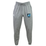 The EMB Canterbury Minneapolis Mayhem Rugby Leisure Sweatpant by Canterbury features a gray sustainable fabric, a drawstring waistband, a white logo on the left thigh, and a blue and black shield logo on the right thigh, displayed against a plain background.
