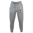 The Montgomery Bucks Griffins Leisure Sweatpant by EMB Canterbury is made from organic cotton, featuring an elastic waistband, drawstring, white thigh logo, and a red patch with a lion's head and "METU" text on the other.