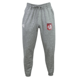 The Montgomery Bucks Griffins Leisure Sweatpant by EMB Canterbury is made from organic cotton, featuring an elastic waistband, drawstring, white thigh logo, and a red patch with a lion's head and "METU" text on the other.