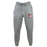 The Montgomery Bucks Griffins Leisure Sweatpant by EMB Canterbury is made from organic cotton, featuring an elastic waistband, drawstring, white thigh logo, and a red patch with a lion's head and "METU" text on the other.