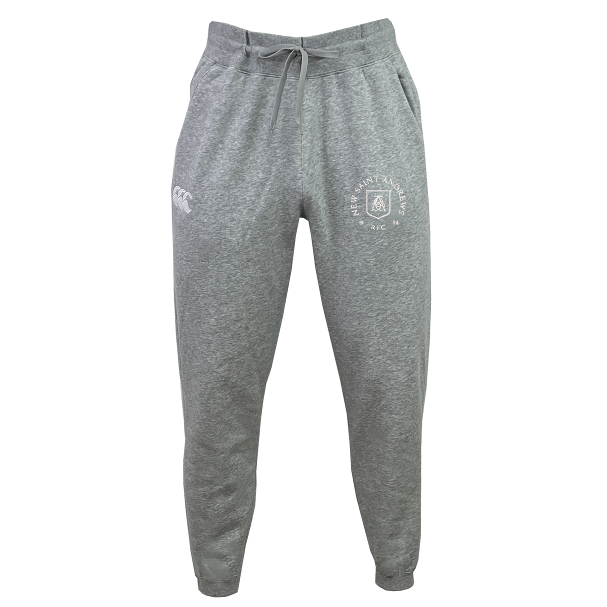 New Saint Andrews College Leisure Sweatpant by EMB Canterbury, featuring a gray recycled polyester fleece blend with a drawstring waistband, white printed graphics on the left thigh, and tapered legs, displayed on a white background.