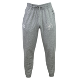 New Saint Andrews College Leisure Sweatpant by EMB Canterbury, featuring a gray recycled polyester fleece blend with a drawstring waistband, white printed graphics on the left thigh, and tapered legs, displayed on a white background.