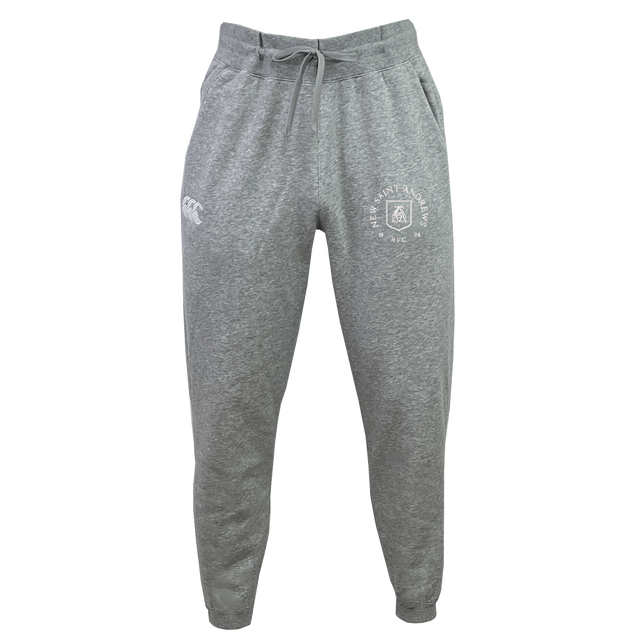 New Saint Andrews College Leisure Sweatpant by EMB Canterbury, featuring a gray recycled polyester fleece blend with a drawstring waistband, white printed graphics on the left thigh, and tapered legs, displayed on a white background.