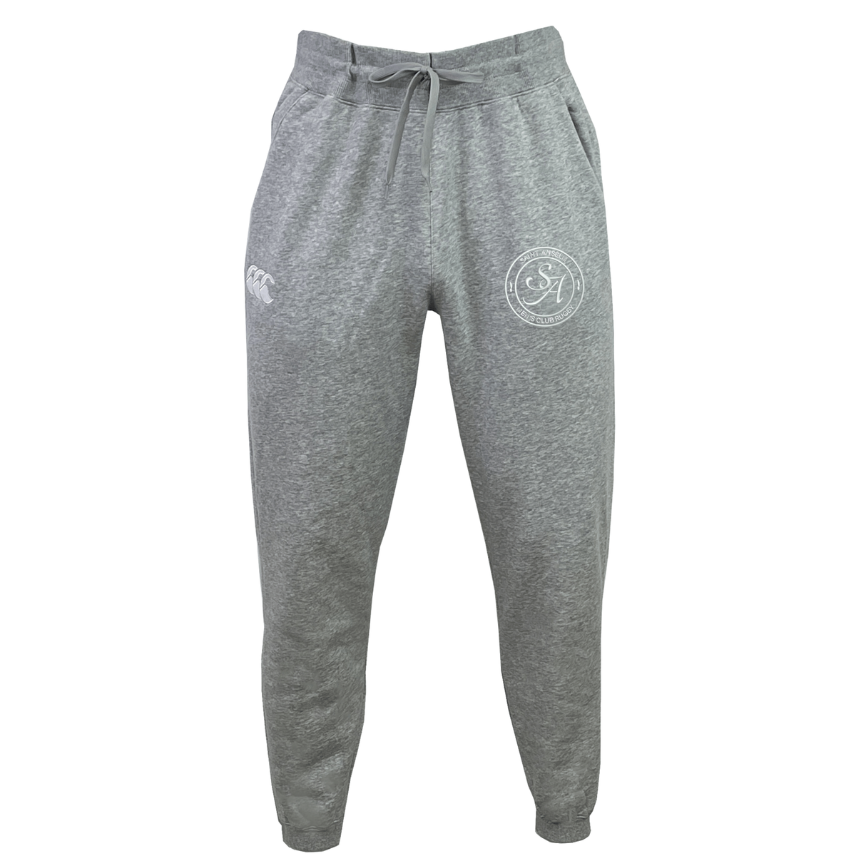 The Saint Anselm College Club Rugby Leisure Sweatpant by EMB Canterbury features a gray sustainable design, drawstring waist, elastic cuffs, and two white upper thigh logos.