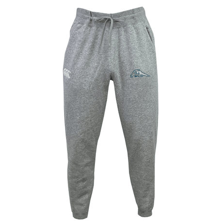 Grey University of New Hampshire Leisure Sweatpant by Canterbury featuring a drawstring waist, a logo on the left hip, and a university mascot emblem on the right thigh.