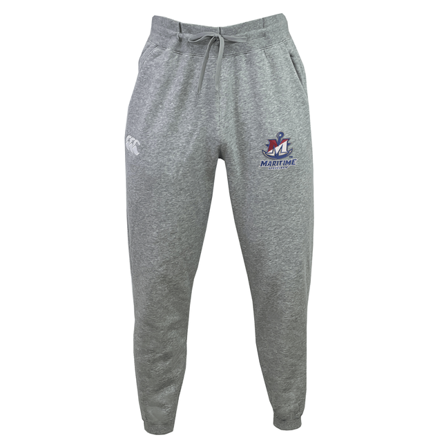 Grey organic cotton SUNY Maritime Men’s Rugby Leisure Sweatpant by Canterbury featuring a drawstring waist, a logo on the left hip, and a university rugby emblem on the right thigh.
