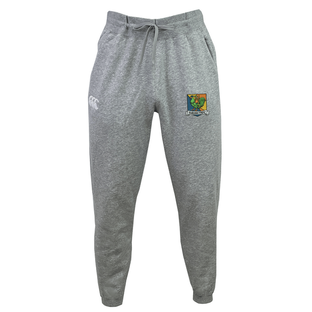 Grey Takoma Touch Rugby Leisure Sweatpant by Canterbury with a drawstring waist, a logo on the right thigh, and a colorful Takoma TRFC rugby crest on the left thigh.