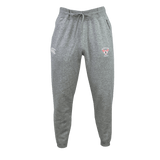 The Superior Rugby Club Leisure Sweatpant by EMB Canterbury is a gray jogger made from sustainable fleece, featuring an elastic waistband, drawstring, and two embroidered front thigh logos, shown on a plain white background.