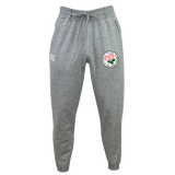 The Society of Iowa Rugby Referees Leisure Sweatpant by EMB Canterbury features an elastic waistband, drawstring, and two logos—one on the left thigh and one on the right thigh. Made from a soft blend of recycled polyester fleece, these gray leisure sweatpants are shown against a plain white background.