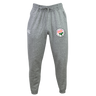 The Society of Iowa Rugby Referees Leisure Sweatpant by EMB Canterbury features an elastic waistband, drawstring, and two logos—one on the left thigh and one on the right thigh. Made from a soft blend of recycled polyester fleece, these gray leisure sweatpants are shown against a plain white background.