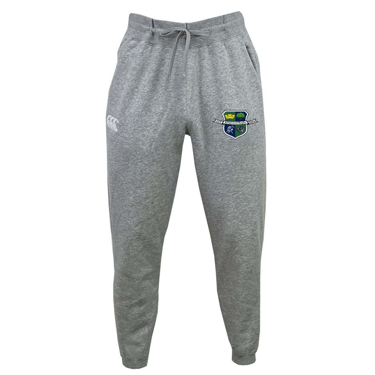 The Kingwood Rugby Leisure Sweatpant by EMB Canterbury features sustainable fabric, a drawstring waist, side pockets, cuffed ankles, and the Kingwood Rugby club crest on the left thigh.