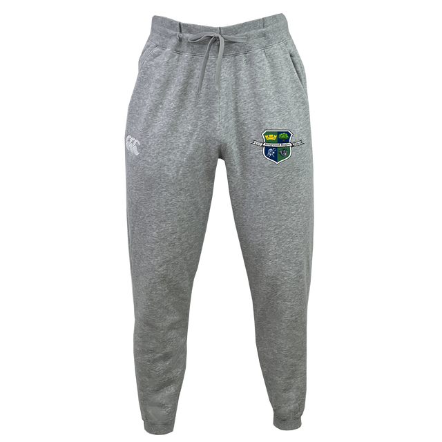 The Kingwood Rugby Leisure Sweatpant by EMB Canterbury features sustainable fabric, a drawstring waist, side pockets, cuffed ankles, and the Kingwood Rugby club crest on the left thigh.