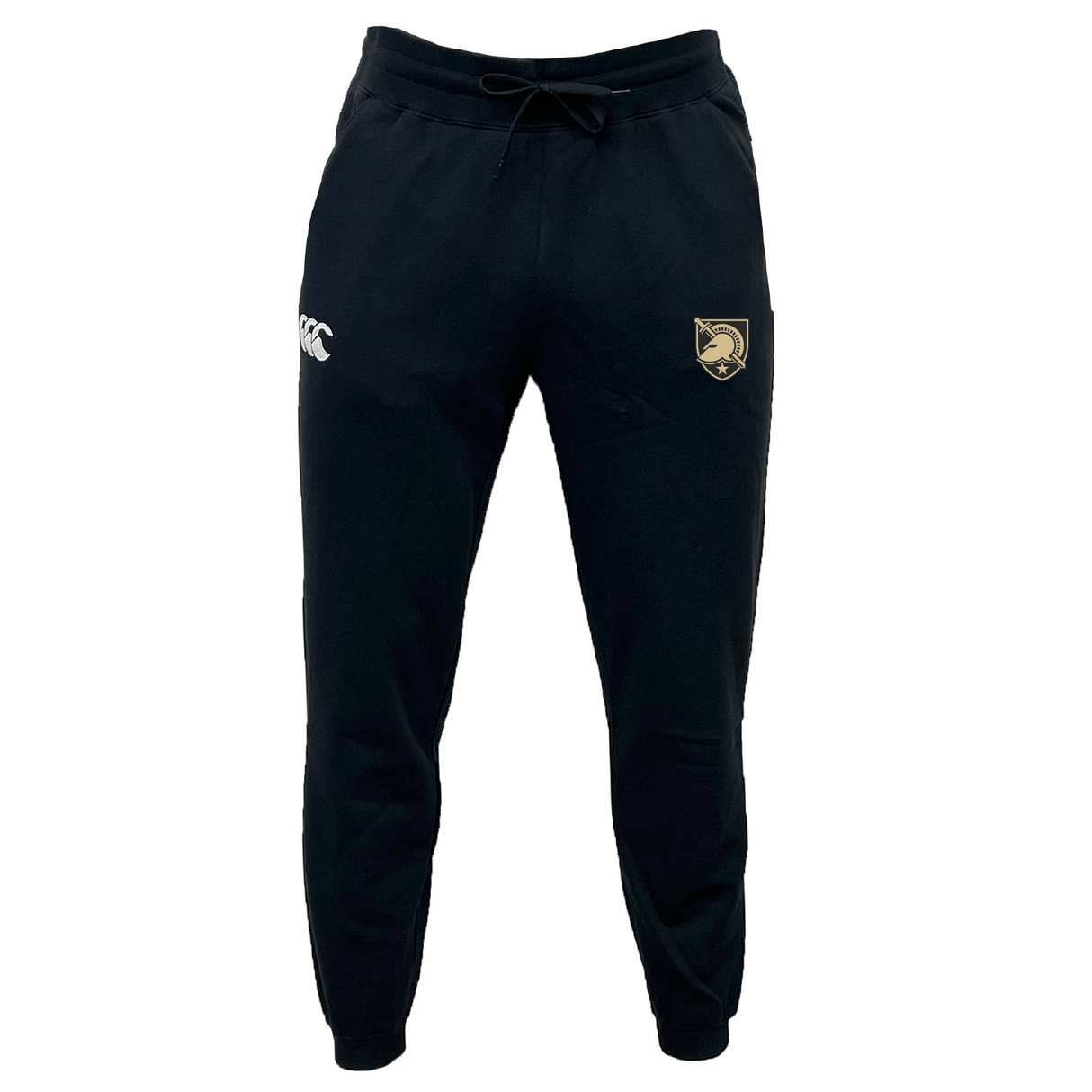 West Point Leisure Sweatpant by EMB Canterbury, designed in black sustainable fabric with a drawstring waist, featuring the Canterbury logo on the right thigh and left upper leg.