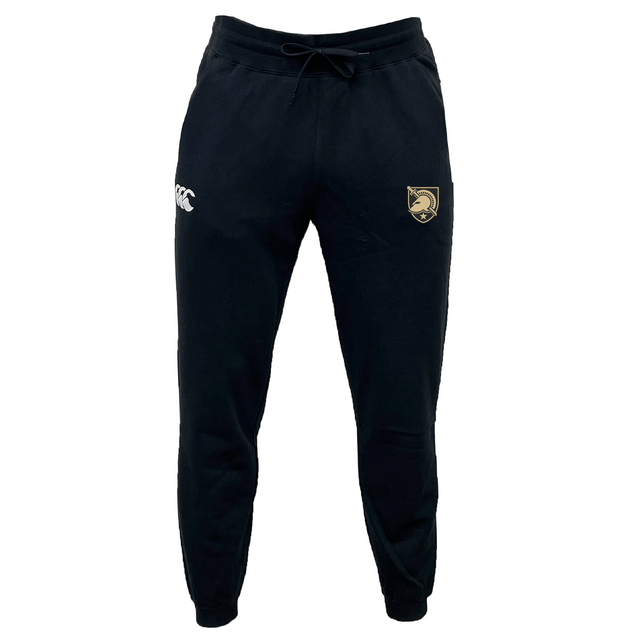 West Point Leisure Sweatpant by EMB Canterbury, designed in black sustainable fabric with a drawstring waist, featuring the Canterbury logo on the right thigh and left upper leg.
