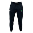 The Birmingham Rugby Leisure Sweatpants by EMB Canterbury, in black, are designed with a small white logo on the left thigh and a colored emblem on the right. Crafted from recycled polyester fleece, they provide comfort and style for any casual outing.