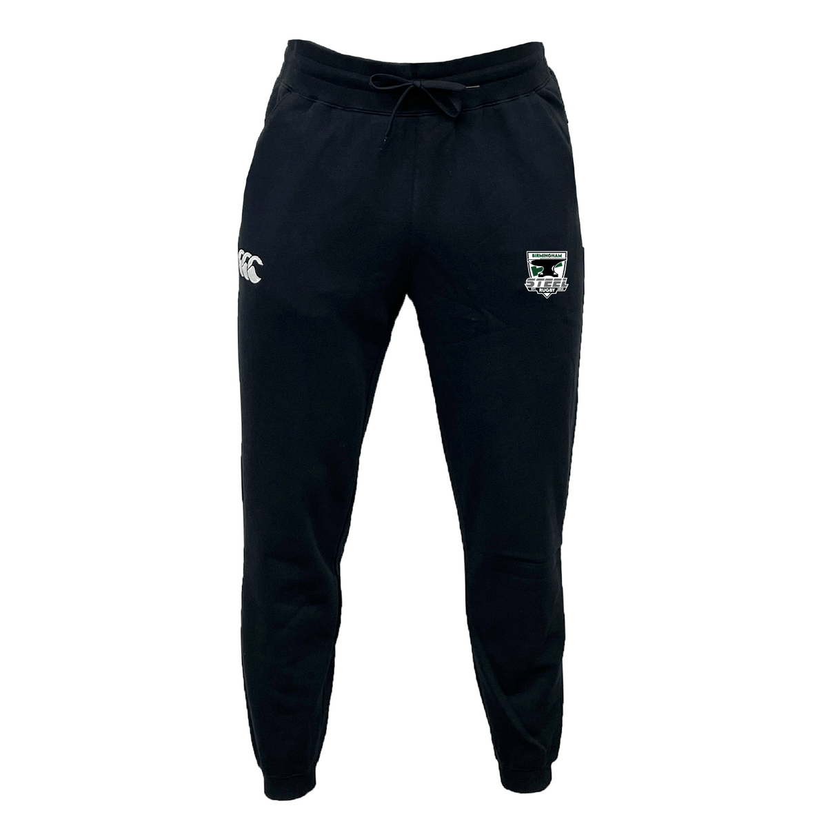 Birmingham Steel Rugby Leisure Sweatpants by EMB Canterbury are black track pants made from organic cotton, showcasing an embroidered logo on the left thigh and a CCC logo on the right.