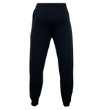 The Canterbury Leisure Sweatpant: A pair of black, full-length sweatpants crafted from a sustainable blend with a fitted waistband and elasticized cuffs at the ankles, shown against a white background.